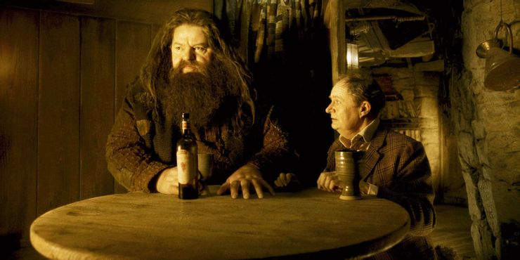 Робби Колтрейн в роли Рубеуса Хагрида и Джим Бродбент в роли профессора Слагхорна в «Гарри Поттере»