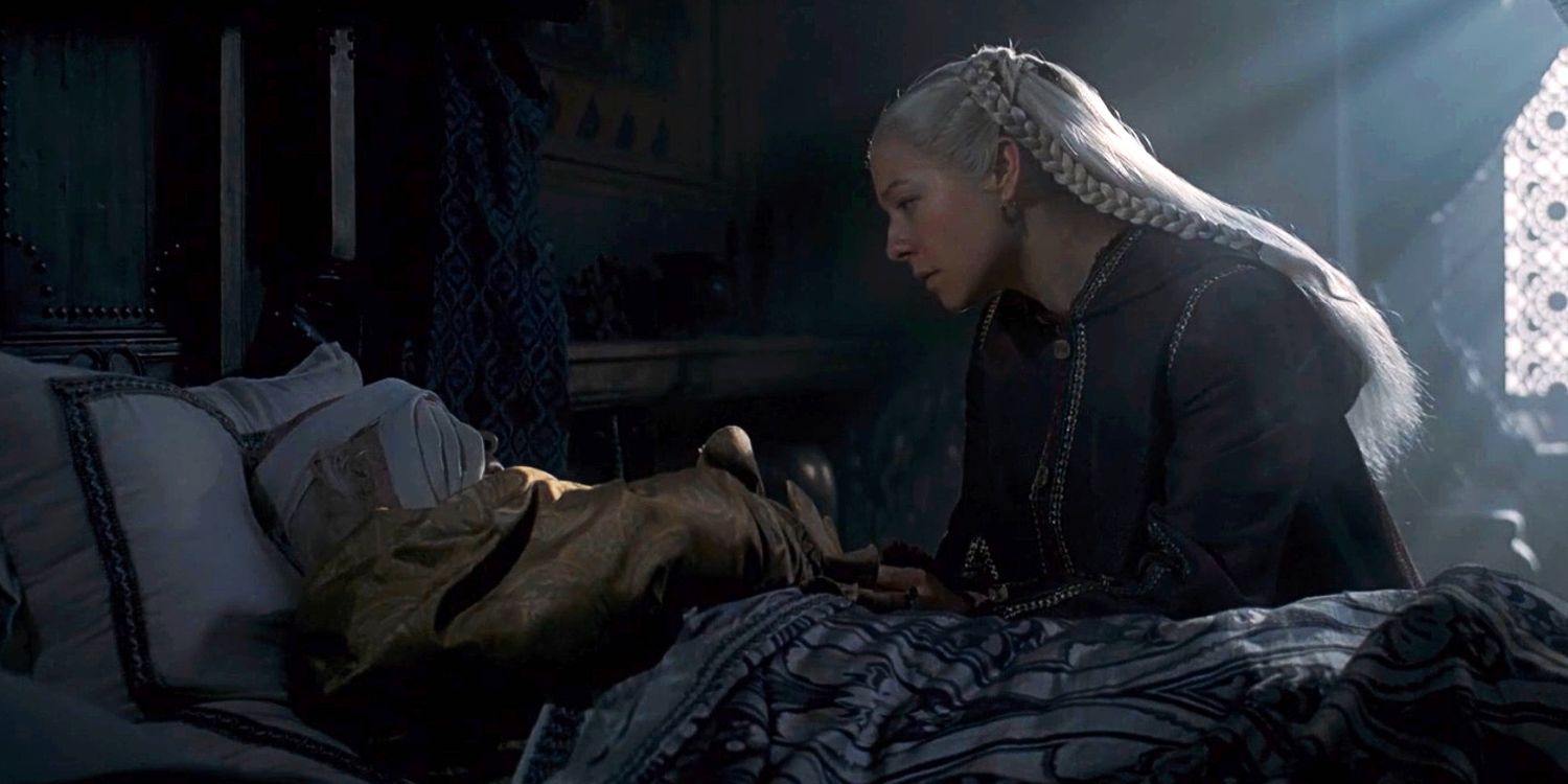 Эмма Д'Арси в роли Рейниры Таргариен и Пэдди Консидайн в роли Визериса Таргариена в 8 эпизоде сериала "Дом дракона".
