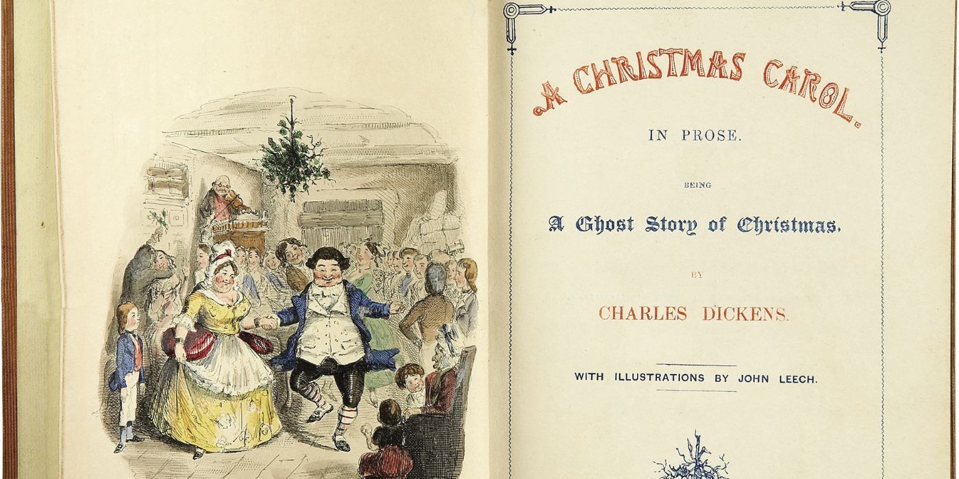 На первой странице романа "Рождественская песнь" изображена иллюстрация праздника и название романа.