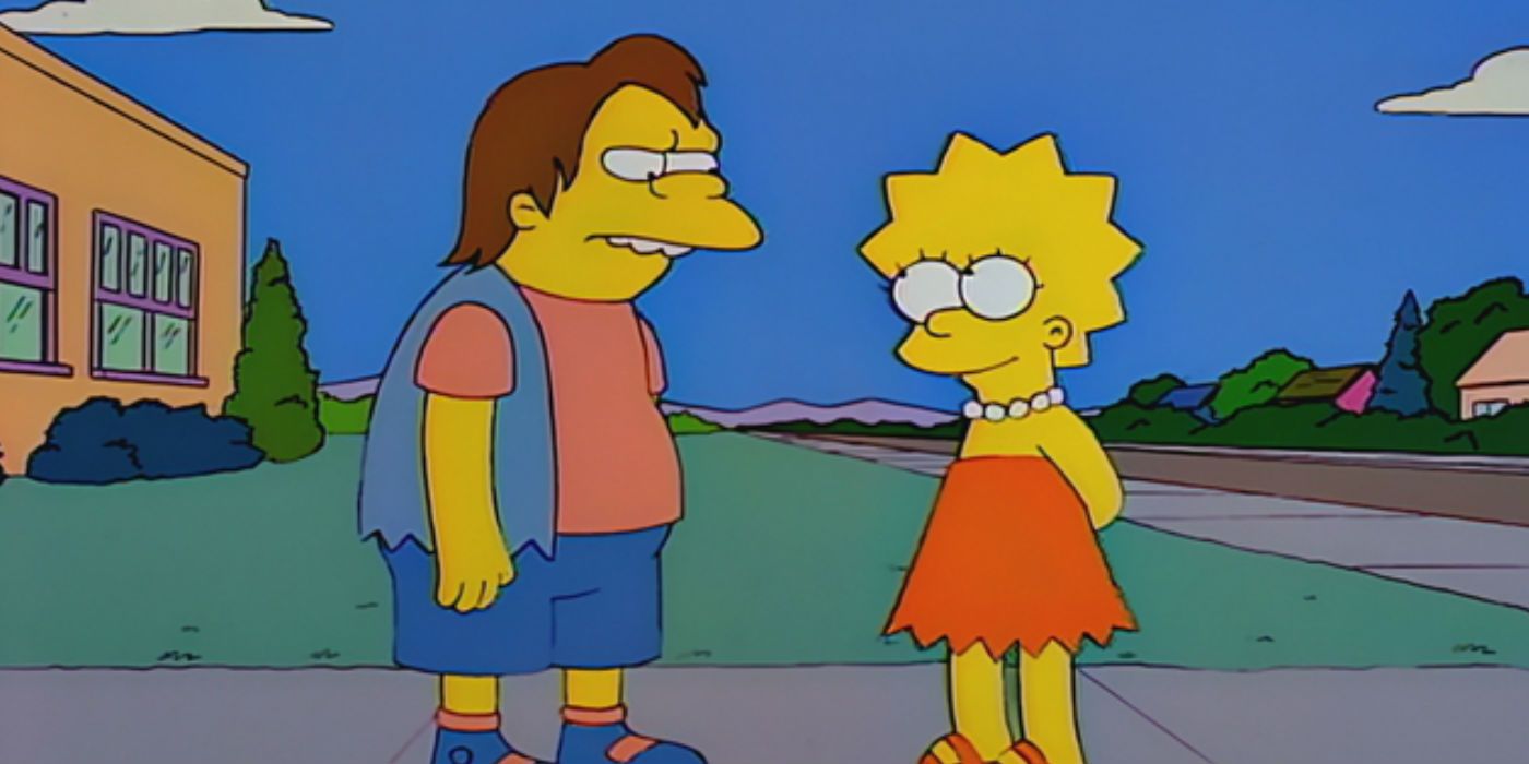 Лиза Симпсон с обожанием смотрит на Нельсона Манца в "Симпсонах"