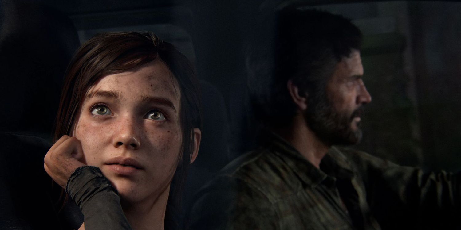 Элли смотрит в окно машины в игре The Last Of Us Часть 1