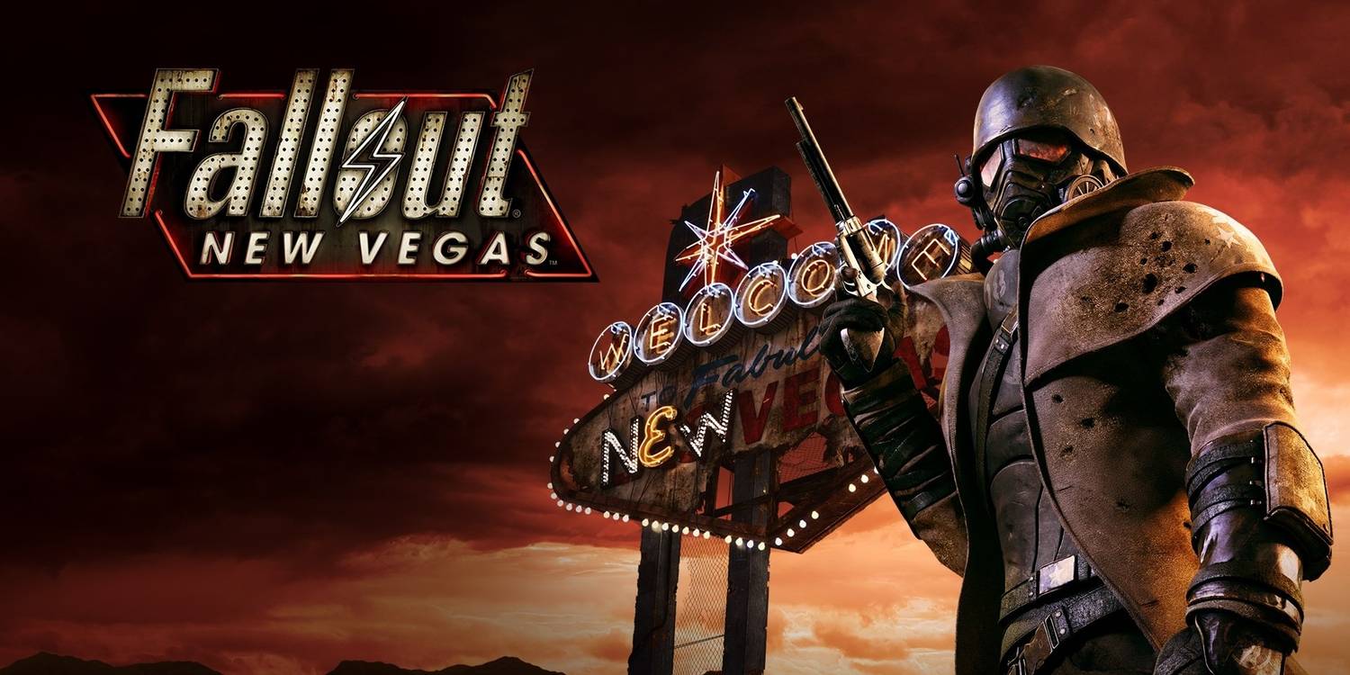 Рейнджер з пустелі з Фолаут: Нью Вегас, що позує з пістолетом в руці, споглядаючи на знак міста позаду нього та логотип гри зліва від зображення.