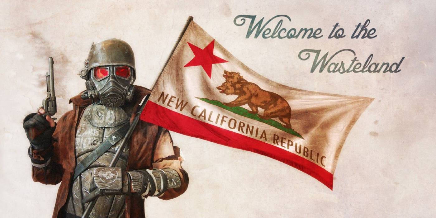 Персонаж "Фолаут", що тримає прапор Нової Республіки Каліфорнії