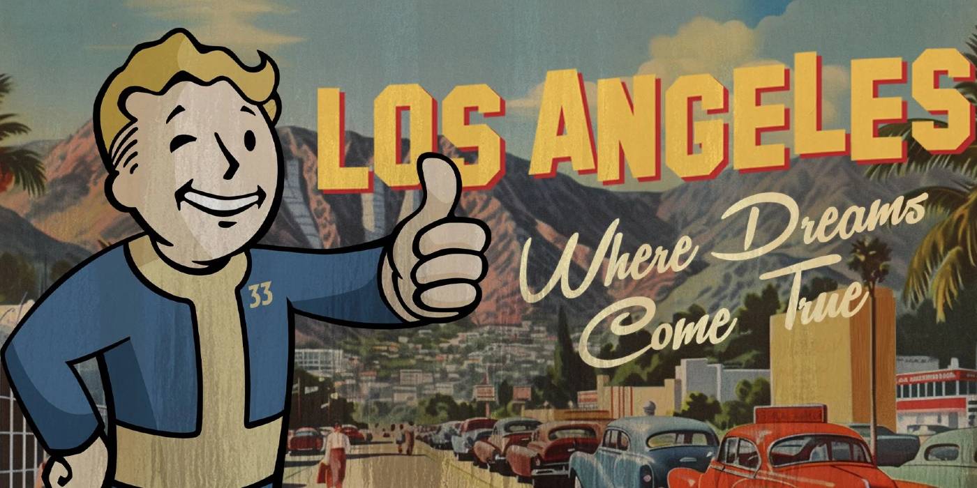 Vault boy показує великий палець на фоні Лос-Анджелеса у постері Фолаут.